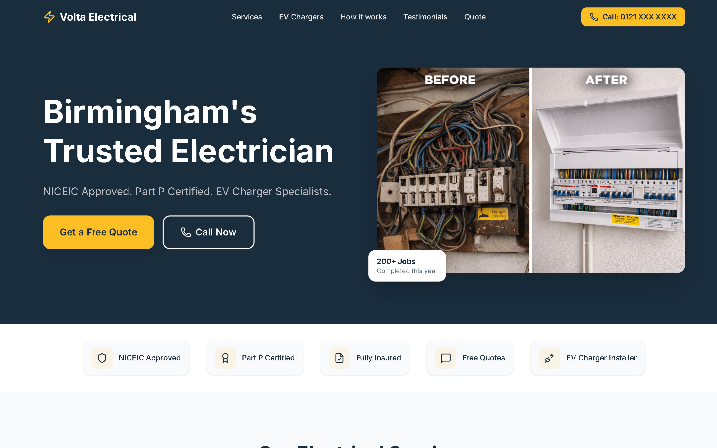 Volta Electrical website — Birmingham electrician landing page